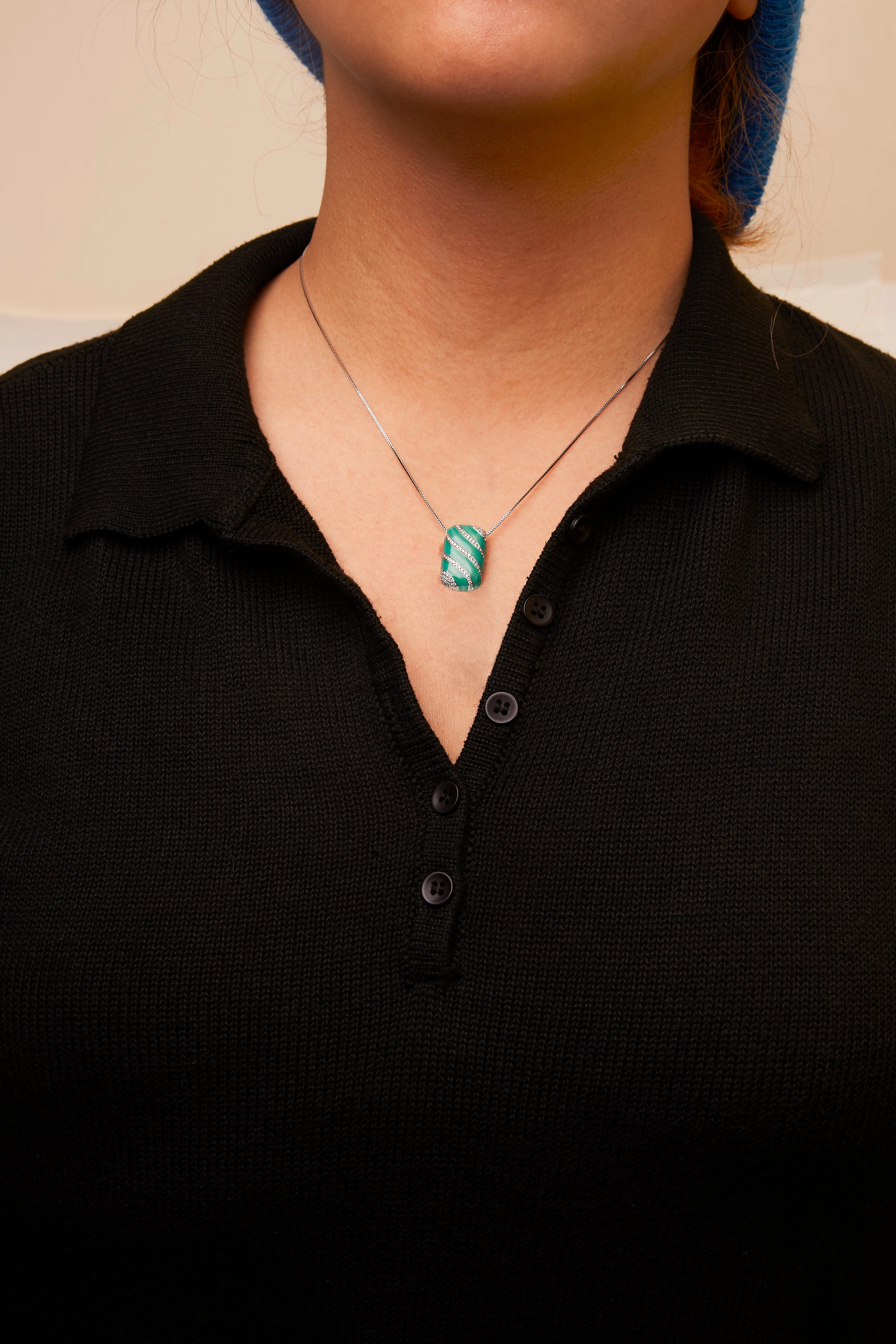 .925 Sterling Silver Turquoise Enamel and 1/2 Cttw Diamond Block 18 Pendant Necklace