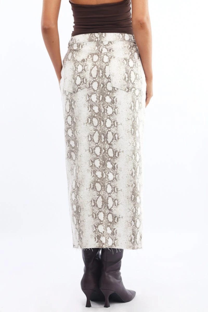 Beige Animal Print Snake Skin Skirt High Rise Front Split