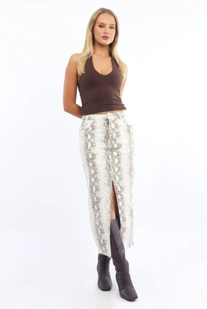 Beige Animal Print Snake Skin Skirt High Rise Front Split