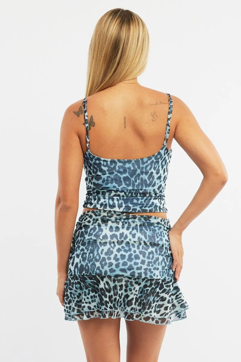 Blue Animal Print Ruffle Skirt High Waisted Mini Ruched Mesh