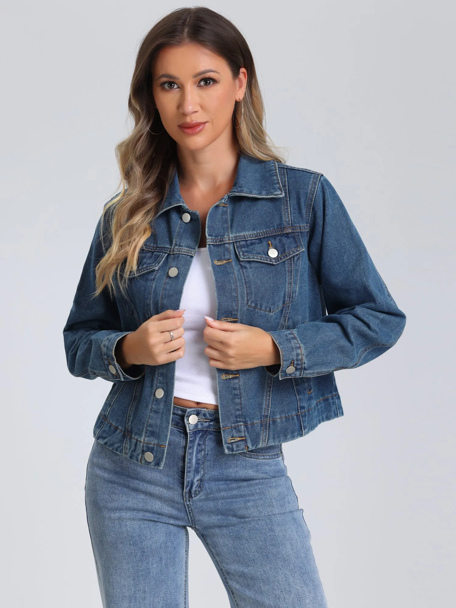 Collar Long Sleeve Button Down Cropped Denim Jean Jacket