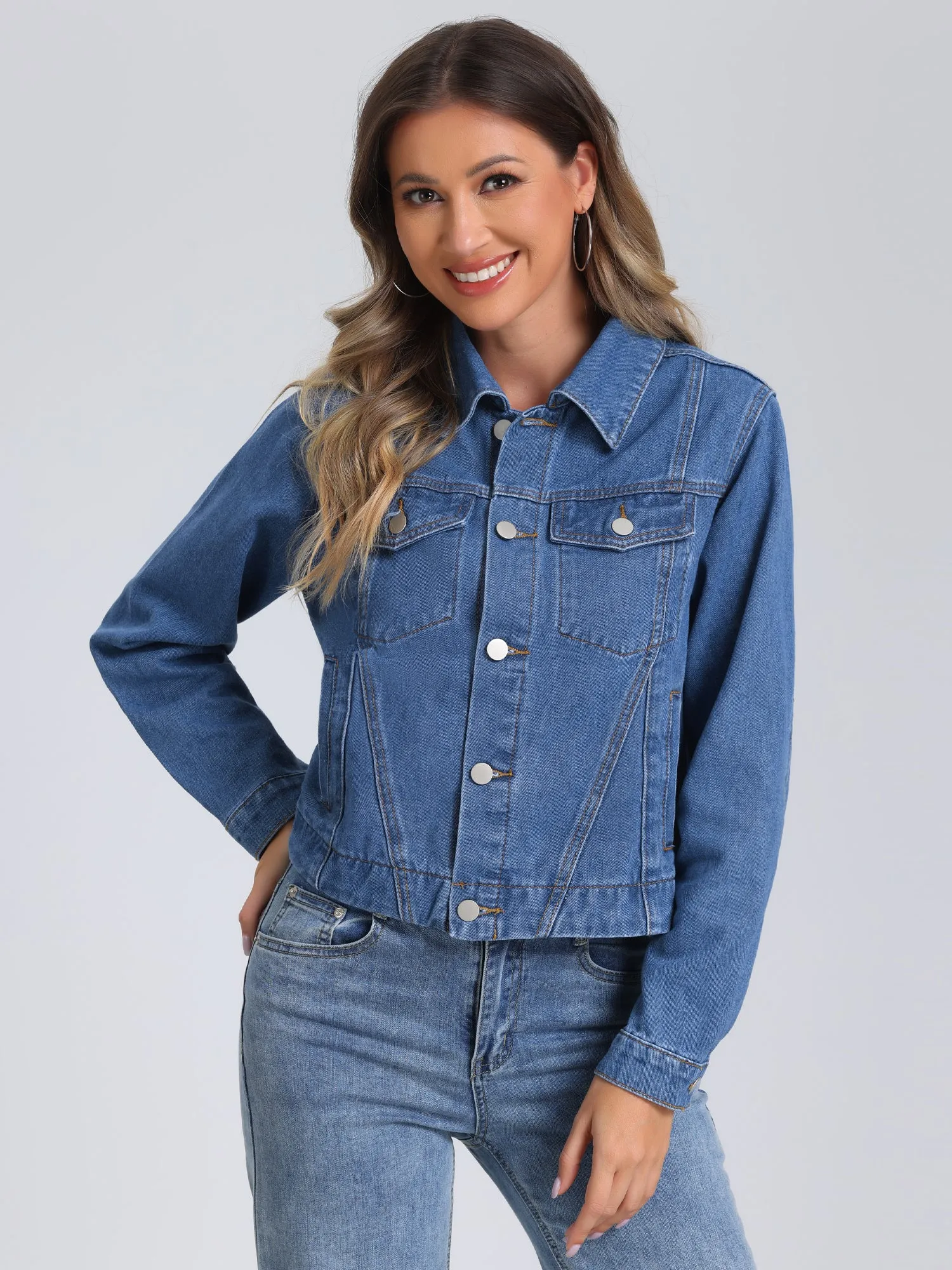 Collar Long Sleeve Button Down Cropped Denim Jean Jacket