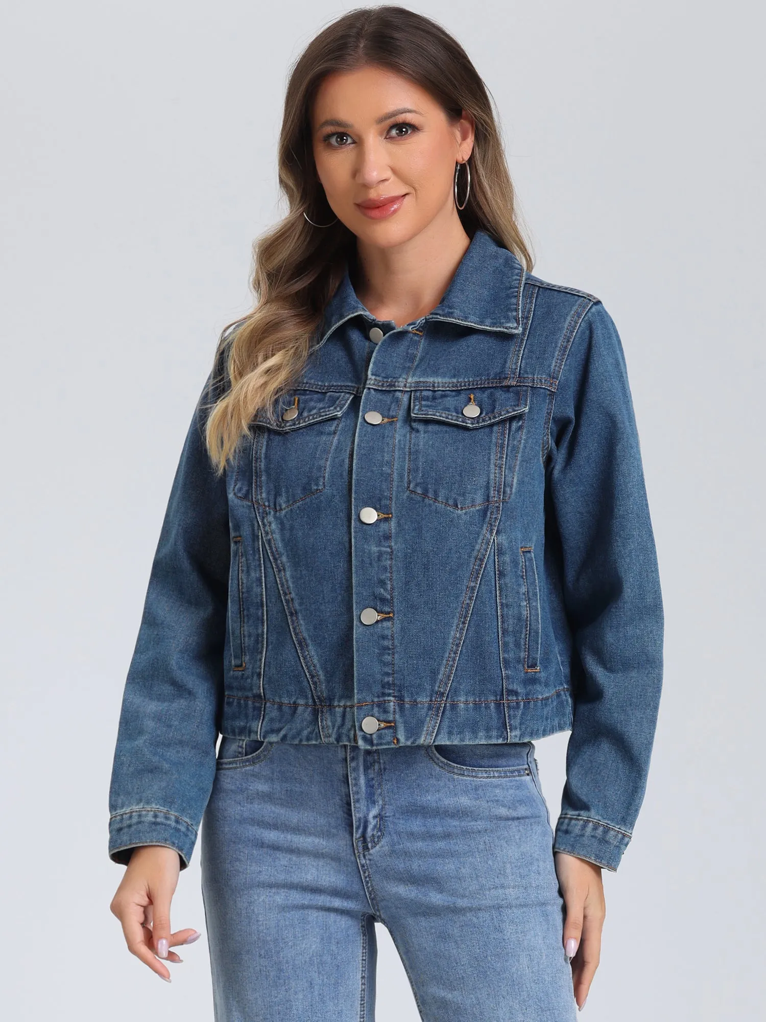 Collar Long Sleeve Button Down Cropped Denim Jean Jacket