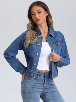 Collar Long Sleeve Button Down Cropped Denim Jean Jacket