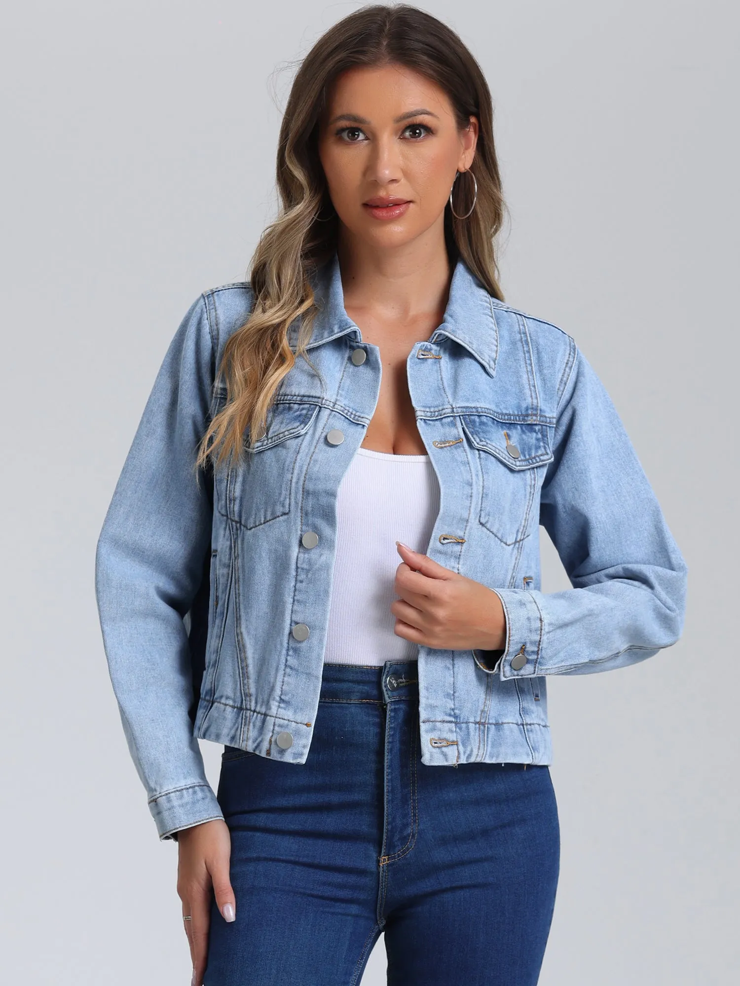 Collar Long Sleeve Button Down Cropped Denim Jean Jacket