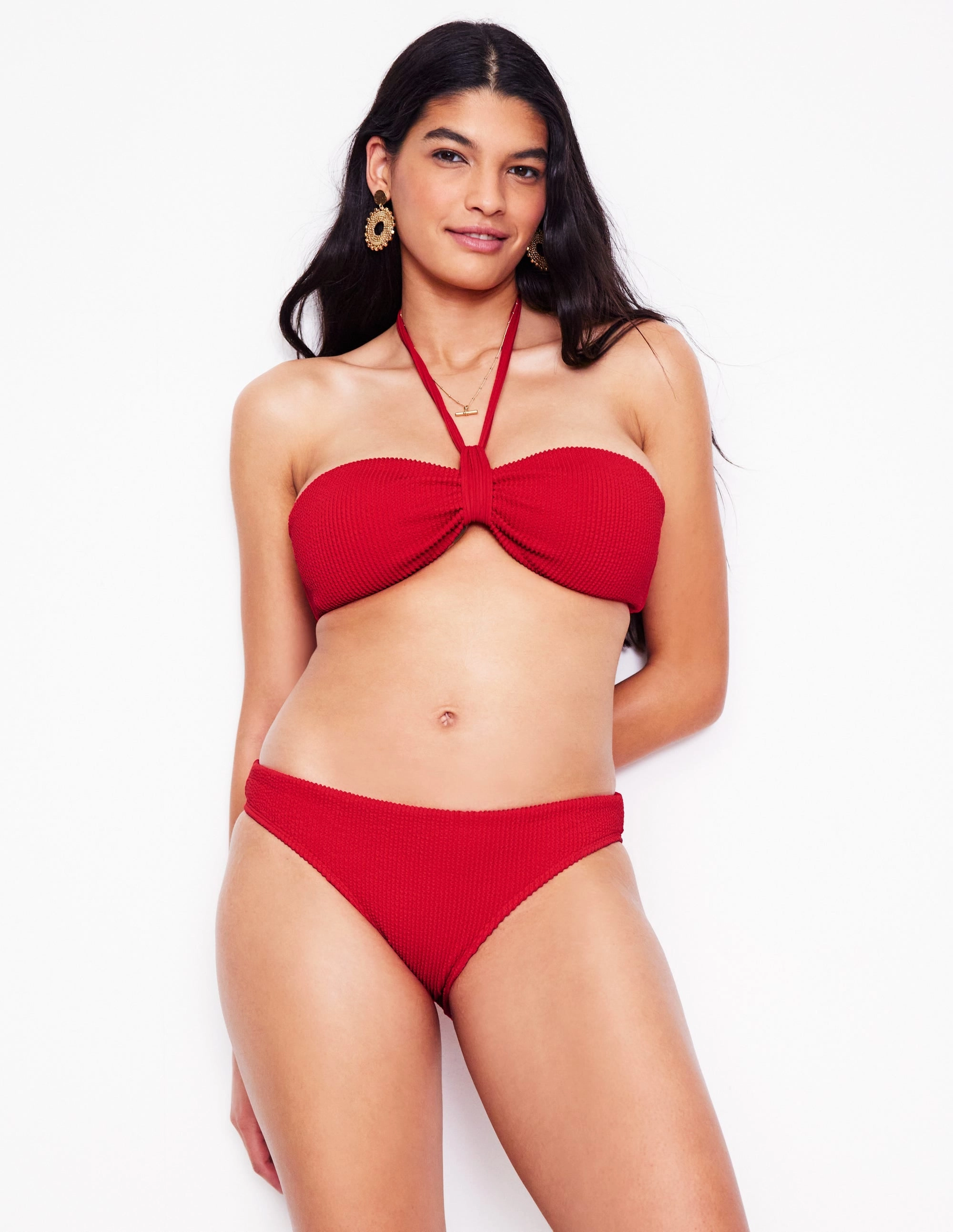 Crinkle Texture Bikini Bottoms-Tulip Red