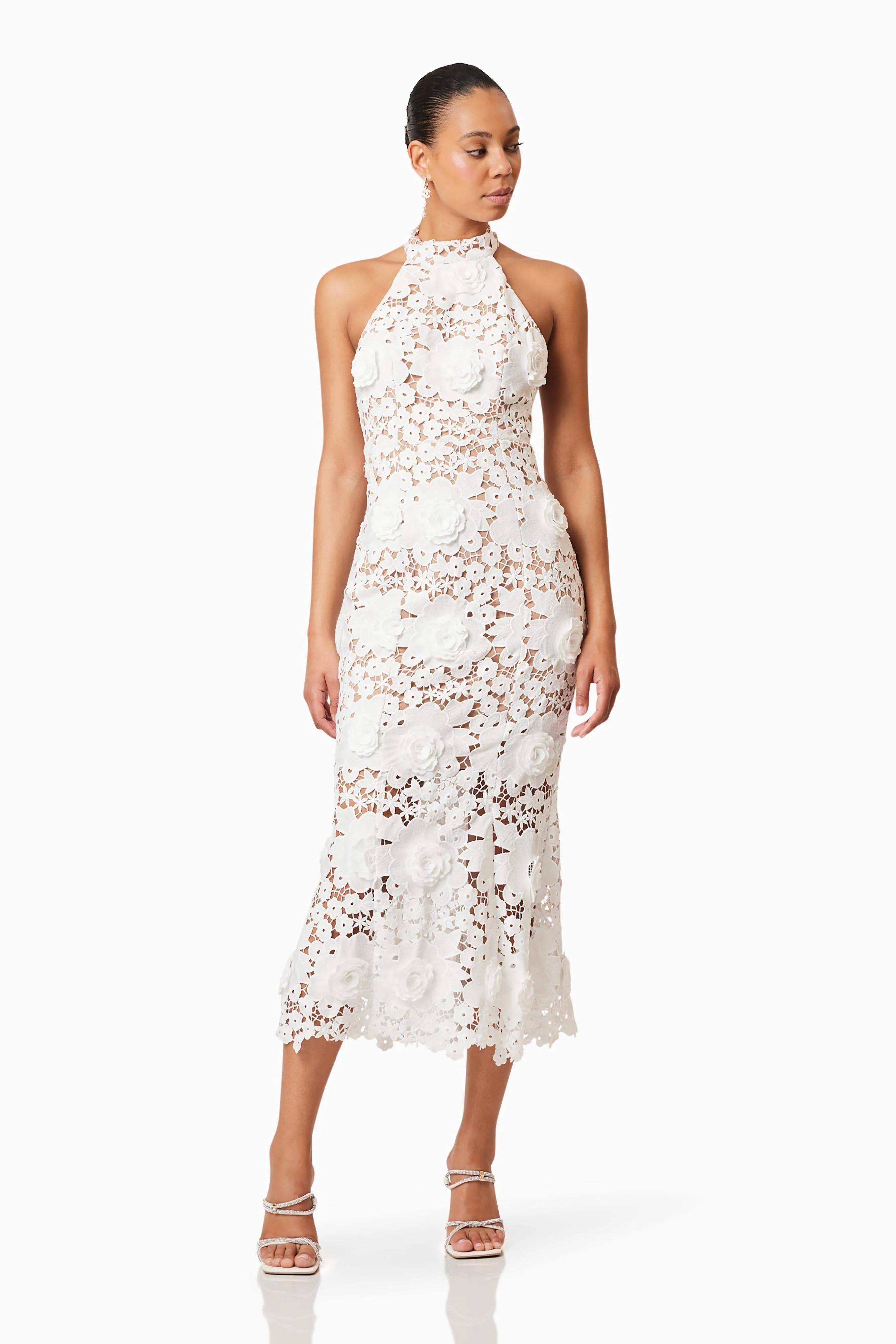 Daffodil Halter Lace Cocktail Midi Dress In White