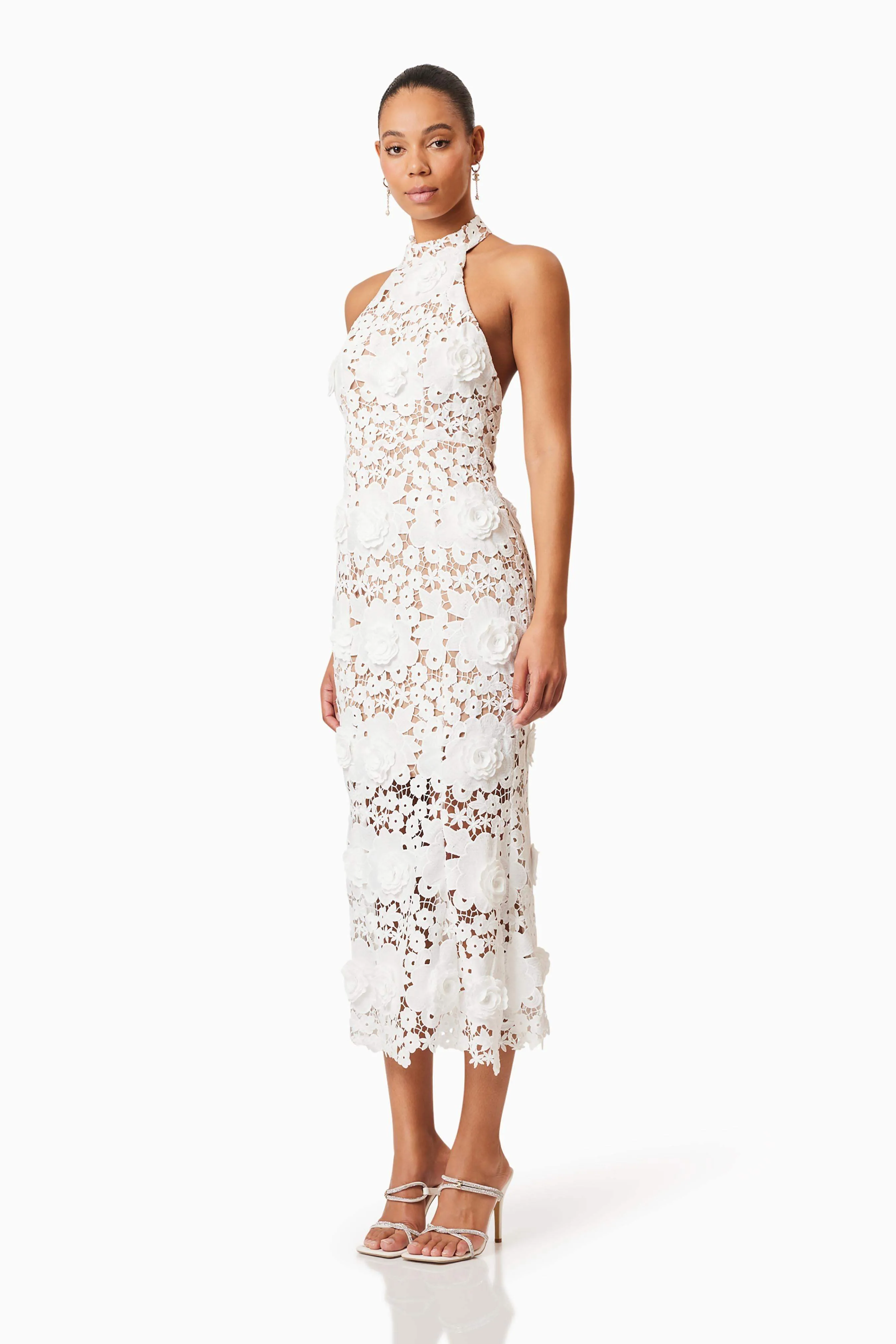 Daffodil Halter Lace Cocktail Midi Dress In White
