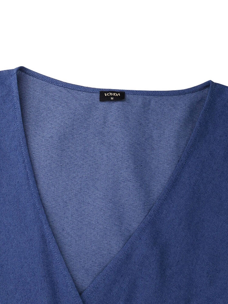 Denim Irregular Ruffle Hem Puff Sleeve Belted V-neck Women Midi Dress