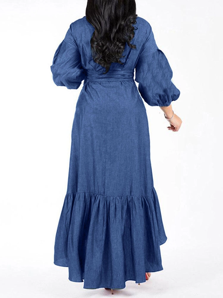 Denim Irregular Ruffle Hem Puff Sleeve Belted V-neck Women Midi Dress
