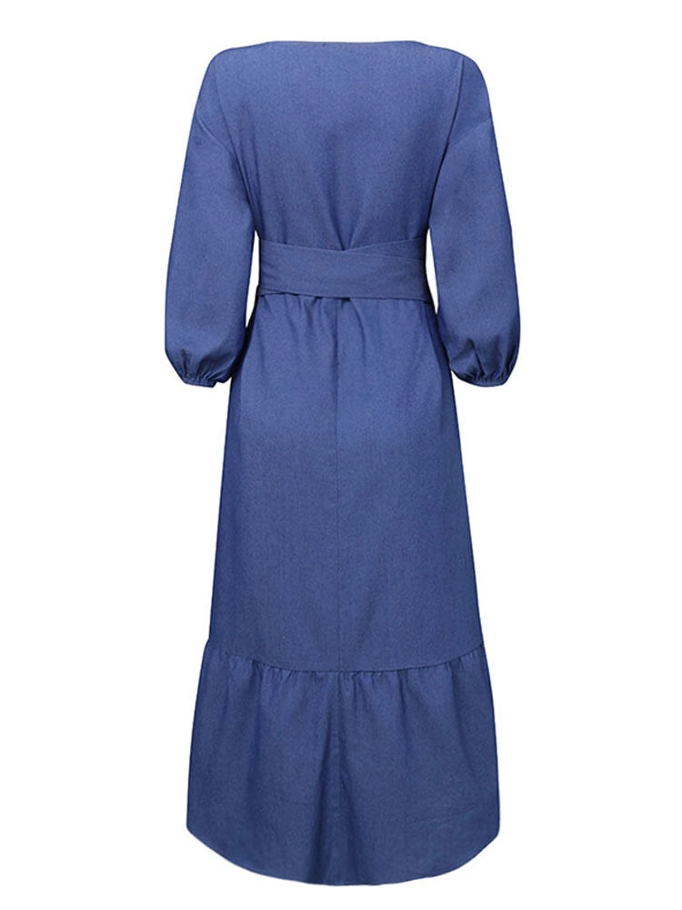 Denim Irregular Ruffle Hem Puff Sleeve Belted V-neck Women Midi Dress