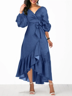 Denim Irregular Ruffle Hem Puff Sleeve Belted V-neck Women Midi Dress
