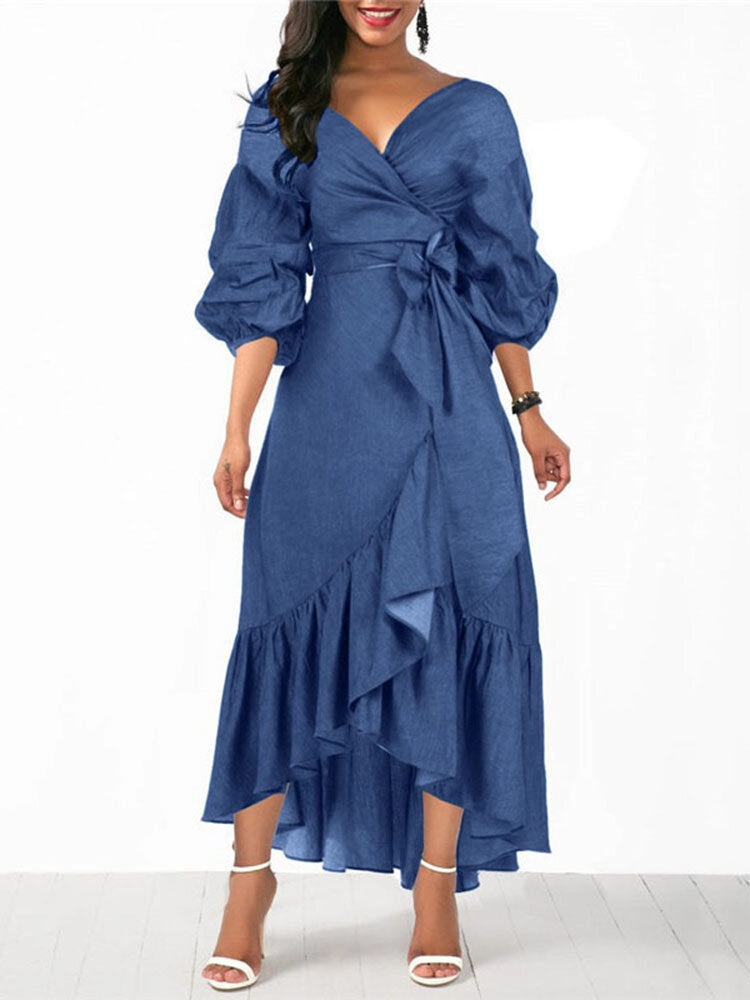 Denim Irregular Ruffle Hem Puff Sleeve Belted V-neck Women Midi Dress