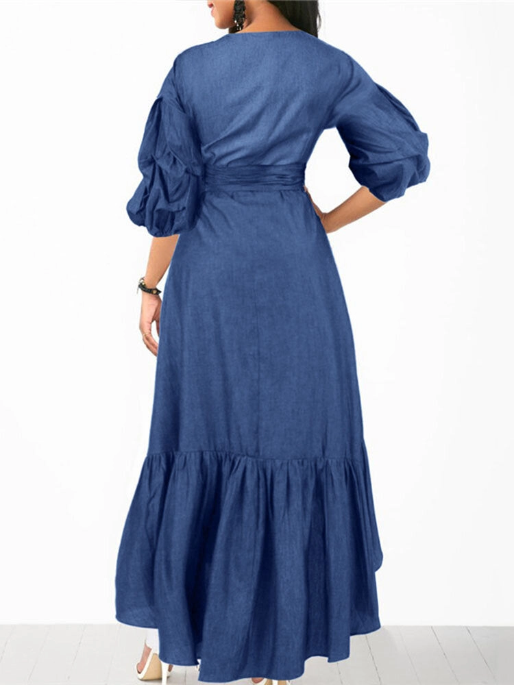 Denim Irregular Ruffle Hem Puff Sleeve Belted V-neck Women Midi Dress