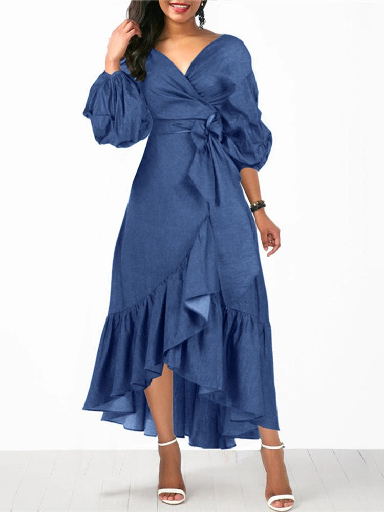 Denim Irregular Ruffle Hem Puff Sleeve Belted V-neck Women Midi Dress
