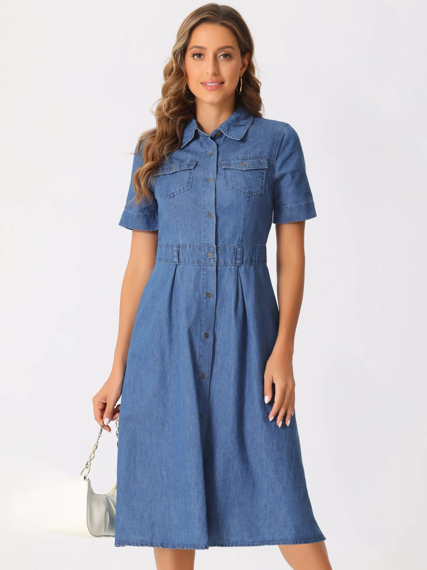 Denim Pockets Button Up Short Sleeve A-Line Midi Jean Shirt Dress