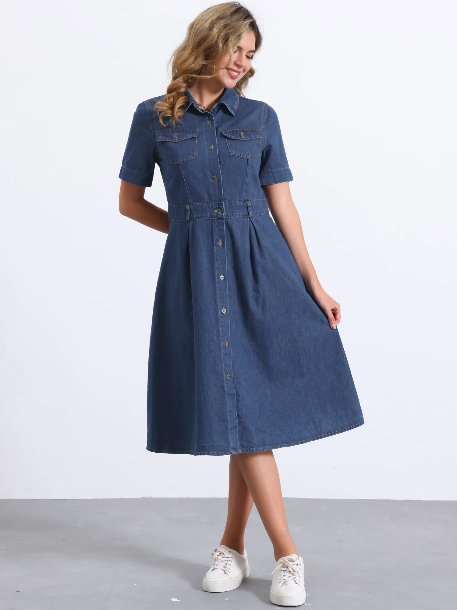 Denim Pockets Button Up Short Sleeve A-Line Midi Jean Shirt Dress