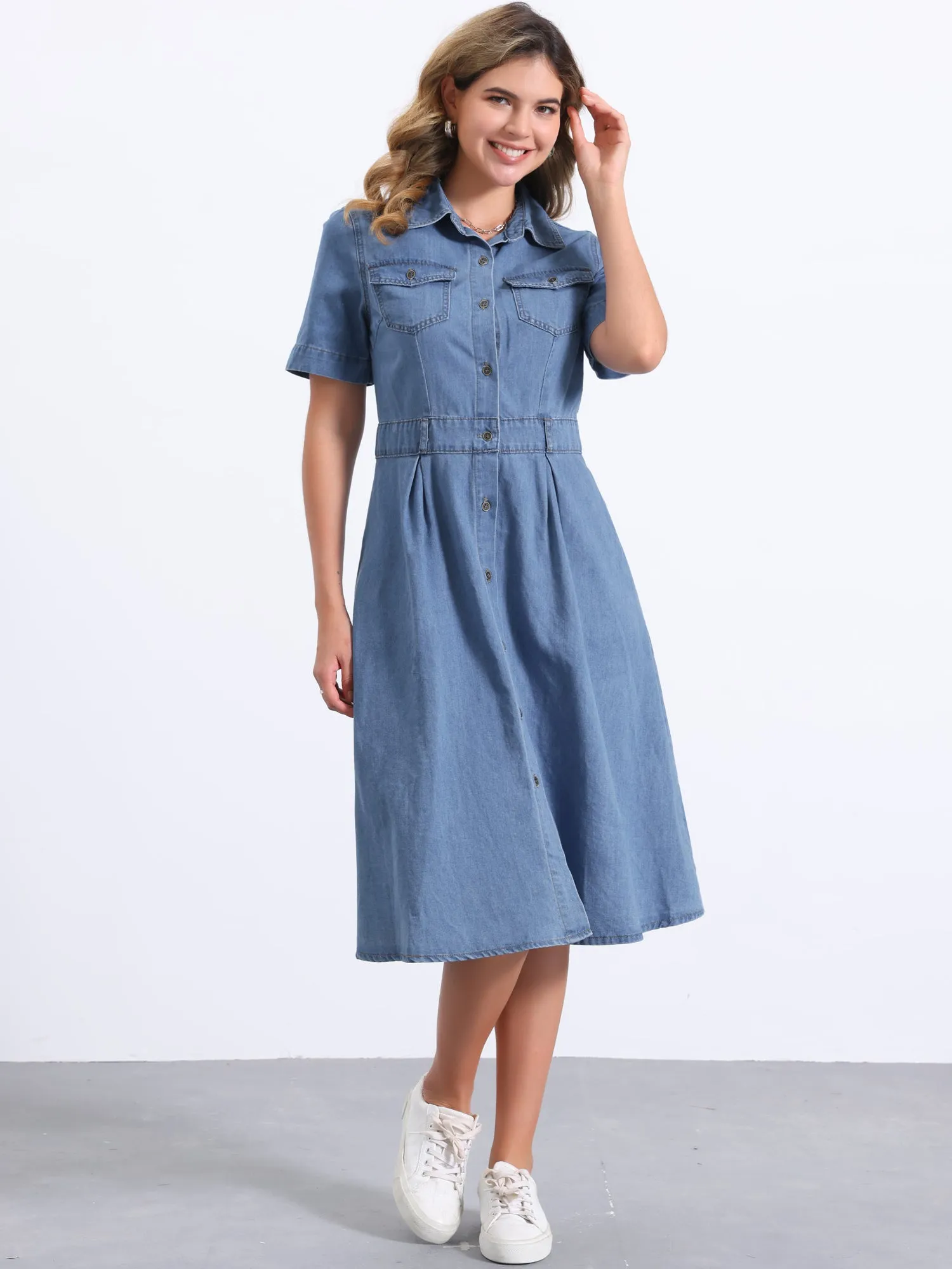 Denim Pockets Button Up Short Sleeve A-Line Midi Jean Shirt Dress