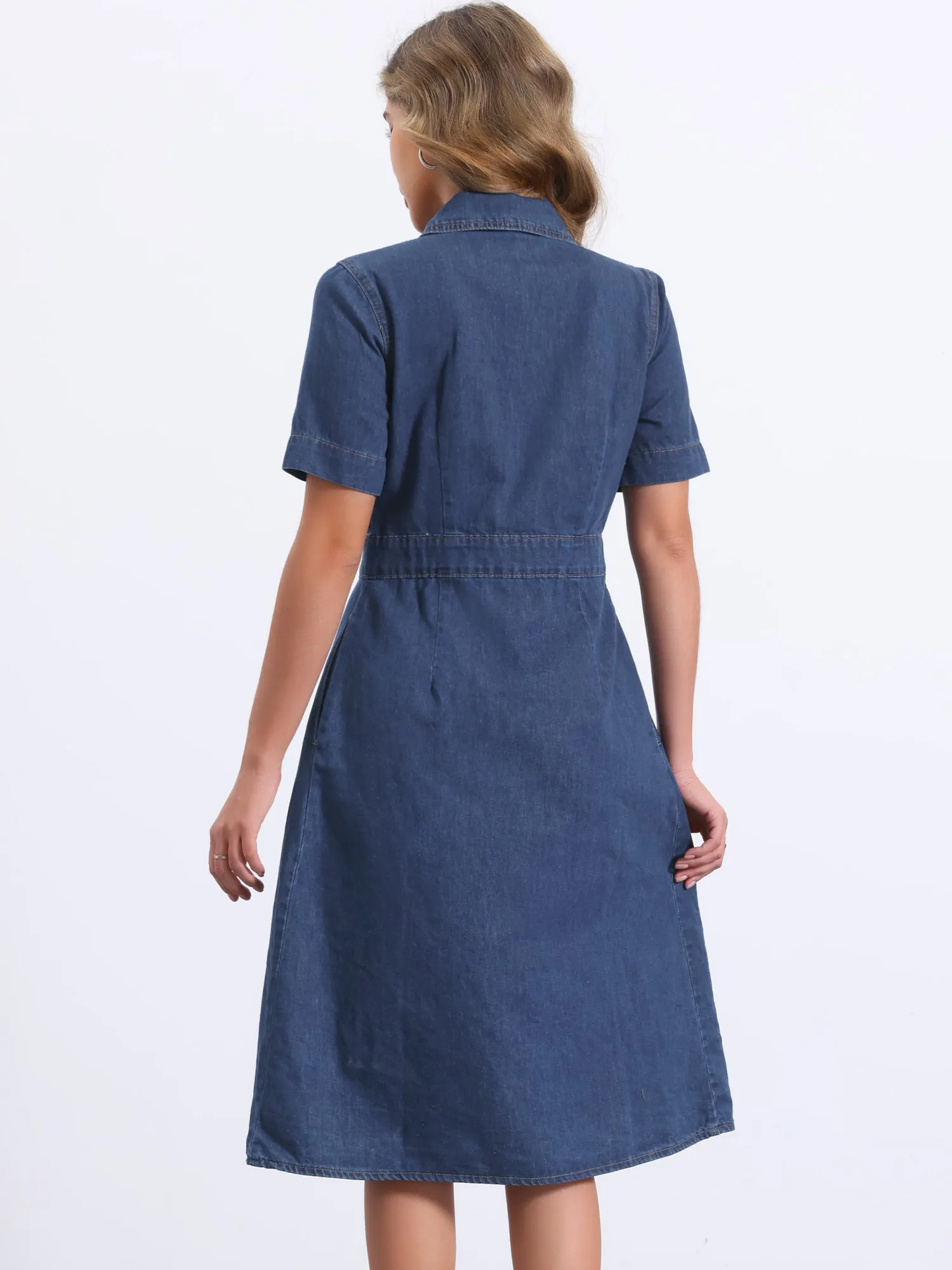 Denim Pockets Button Up Short Sleeve A-Line Midi Jean Shirt Dress