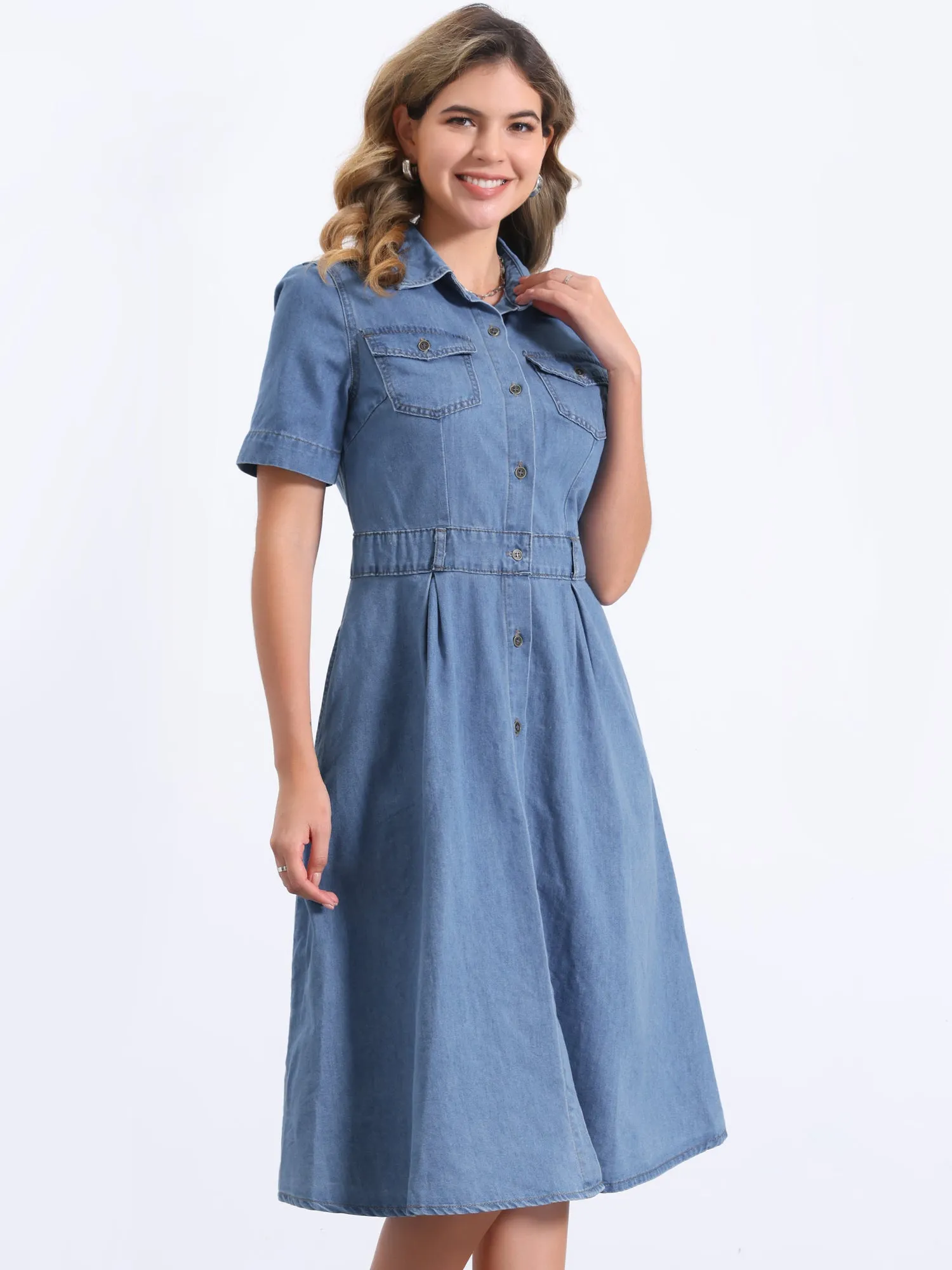 Denim Pockets Button Up Short Sleeve A-Line Midi Jean Shirt Dress