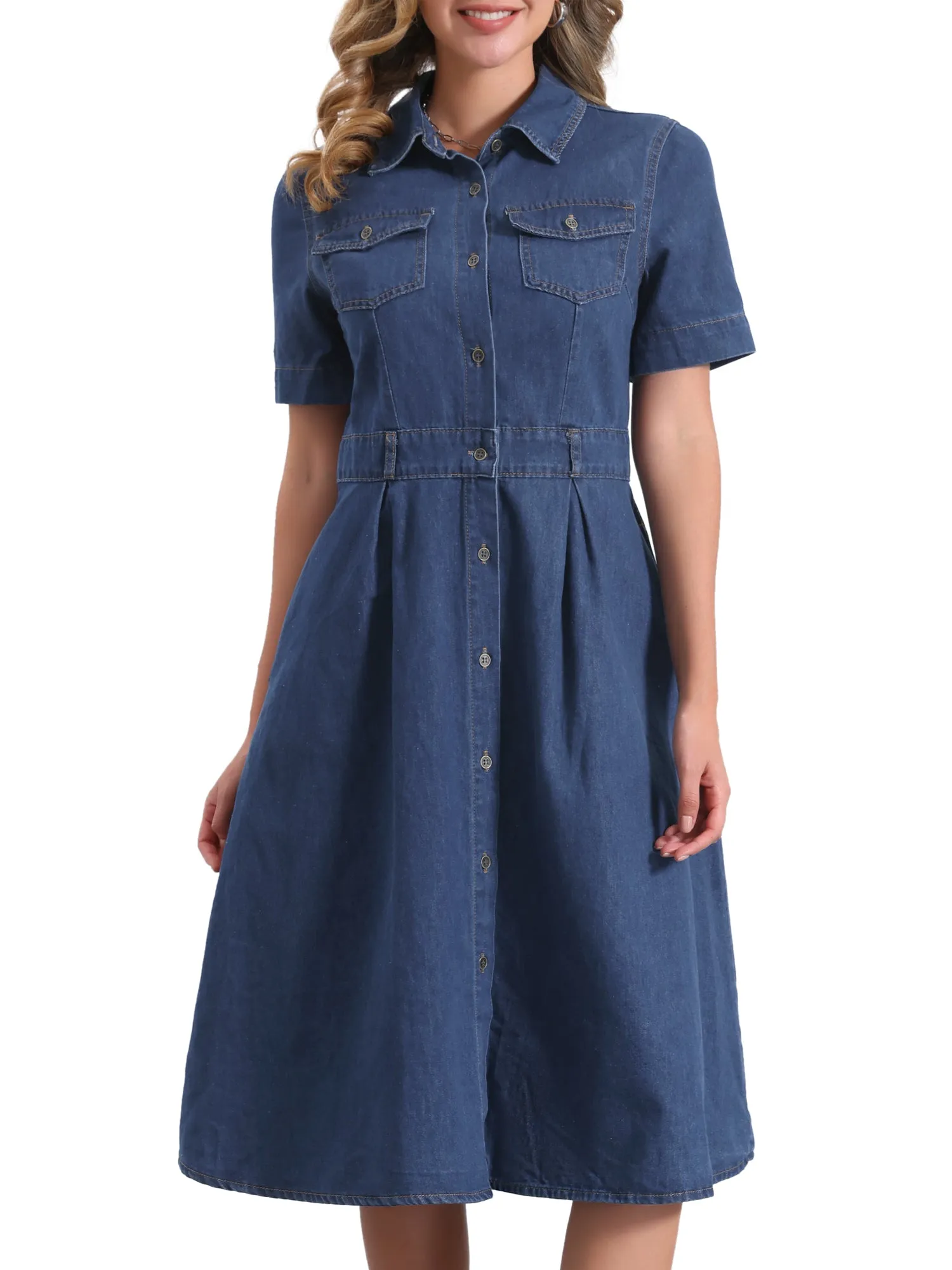Denim Pockets Button Up Short Sleeve A-Line Midi Jean Shirt Dress