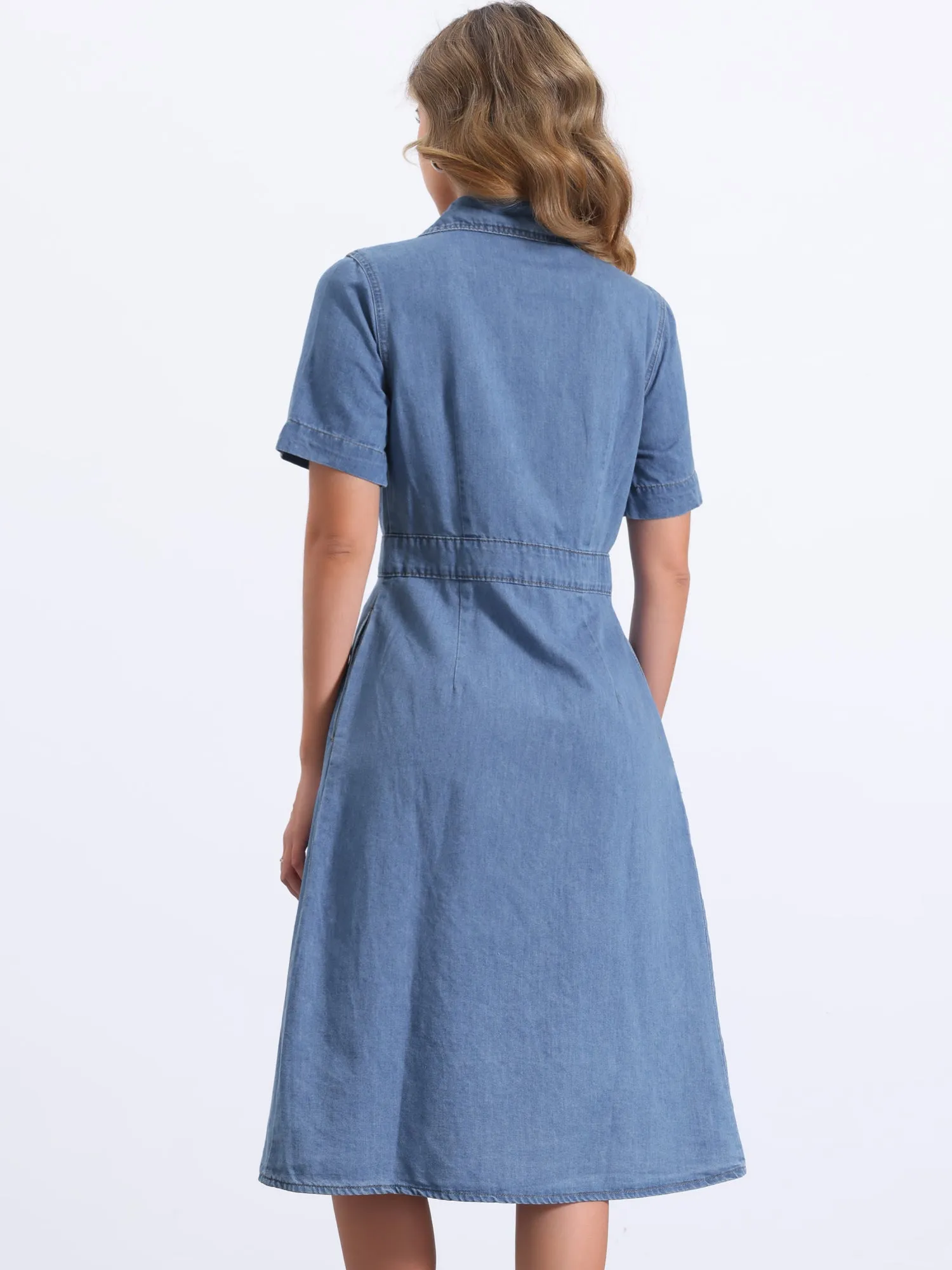 Denim Pockets Button Up Short Sleeve A-Line Midi Jean Shirt Dress