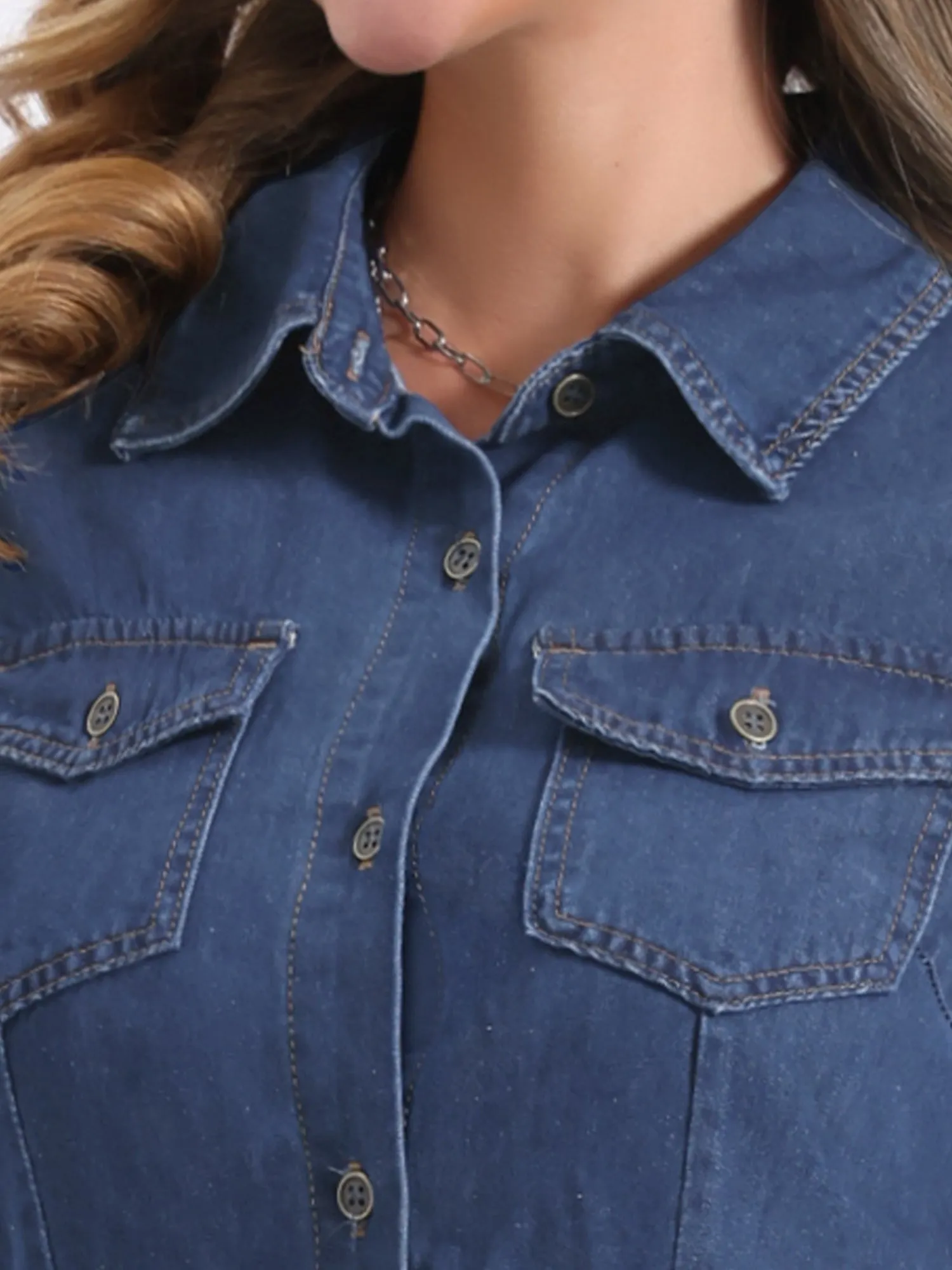 Denim Pockets Button Up Short Sleeve A-Line Midi Jean Shirt Dress
