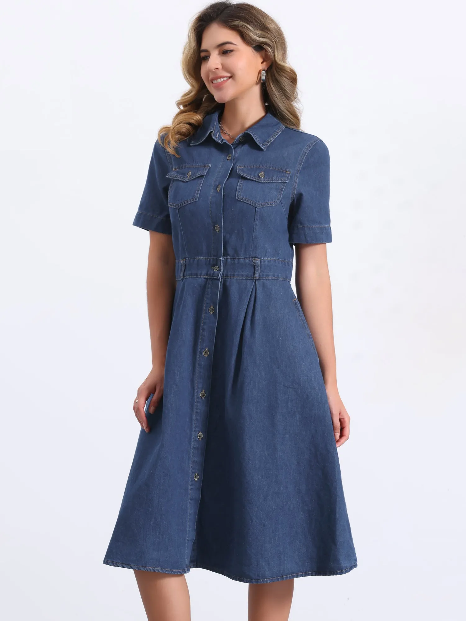Denim Pockets Button Up Short Sleeve A-Line Midi Jean Shirt Dress