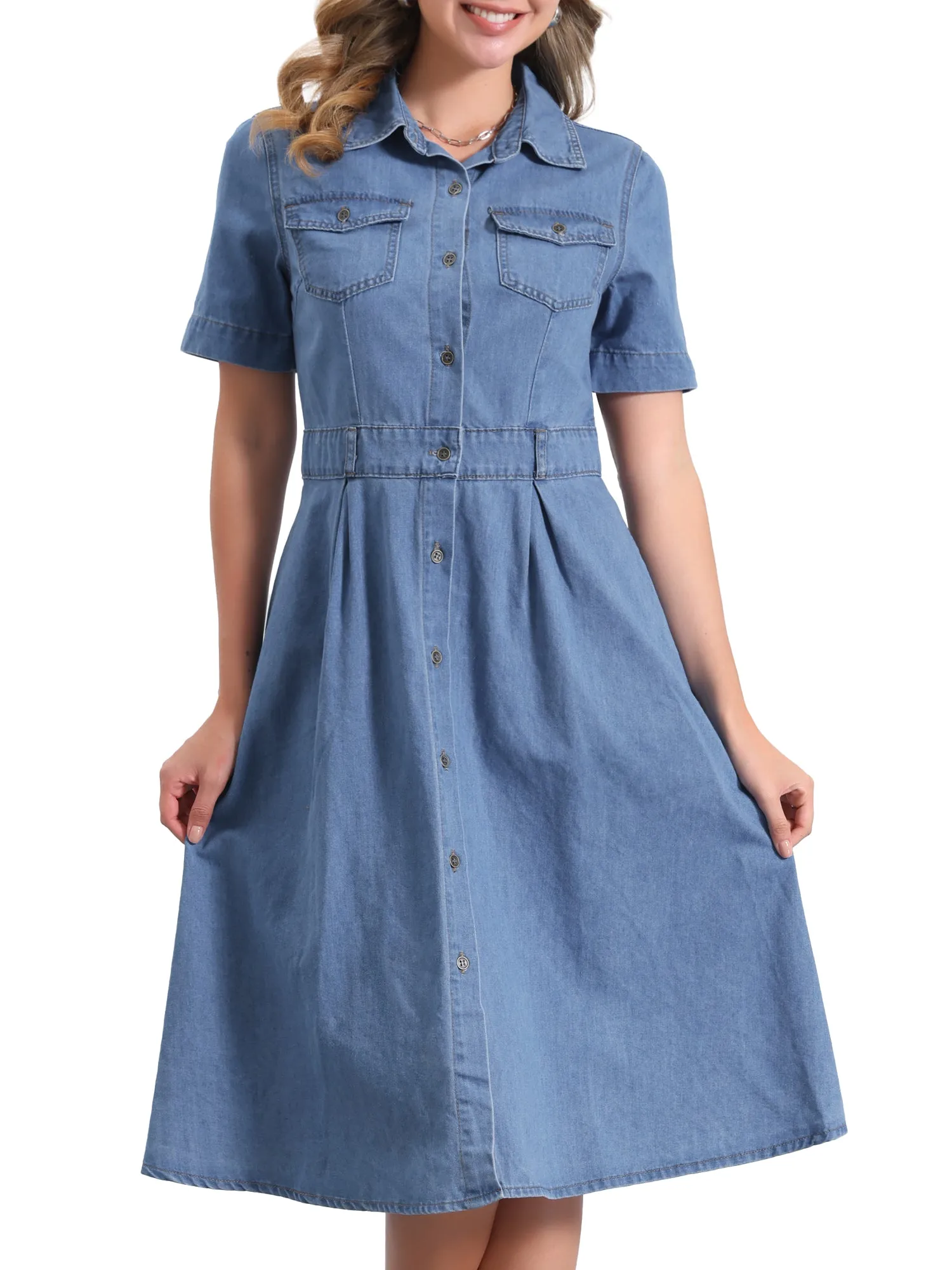 Denim Pockets Button Up Short Sleeve A-Line Midi Jean Shirt Dress