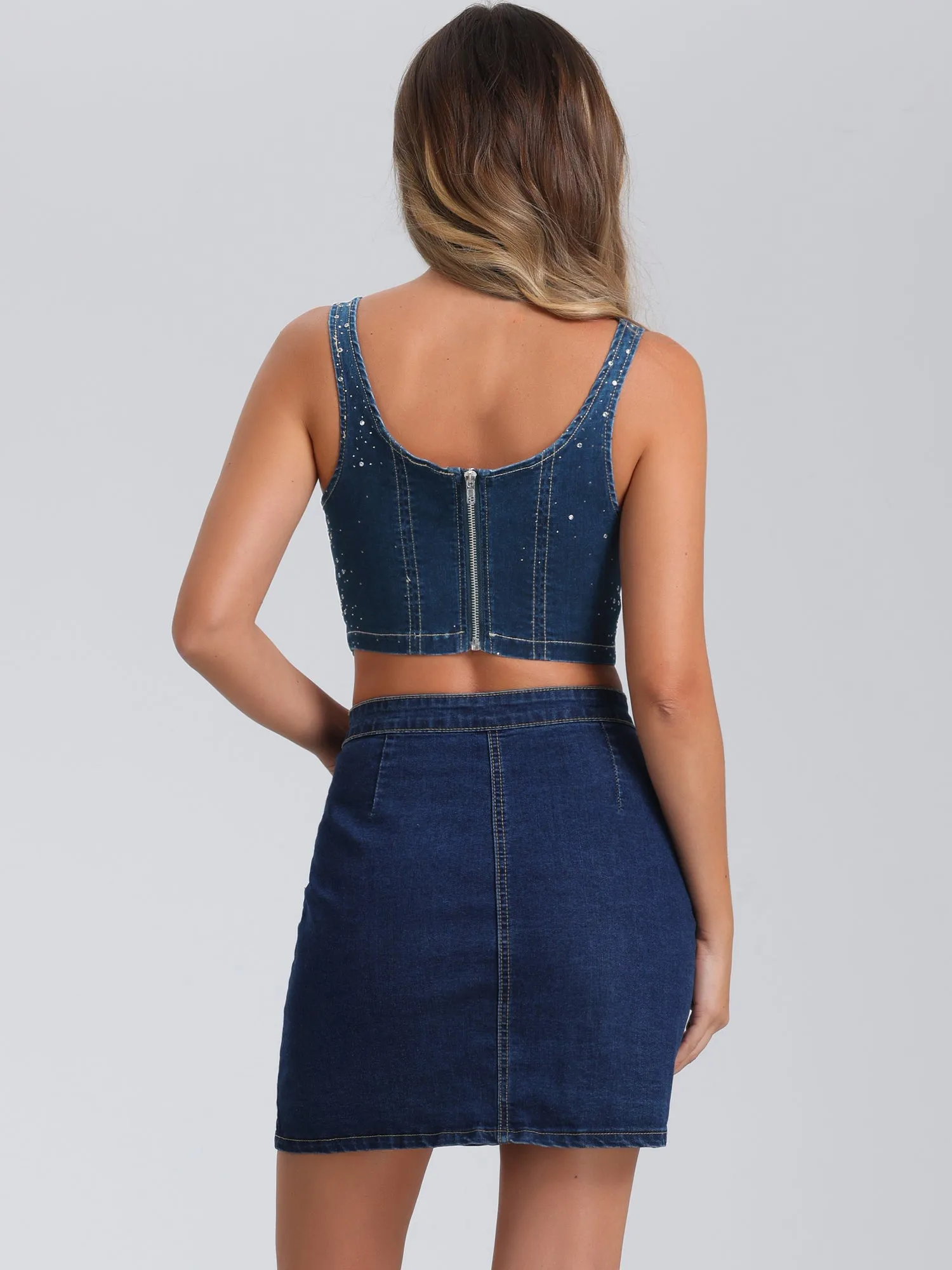 Denim Sleeveless Glitter Bustier Jean Cropped Tank Top
