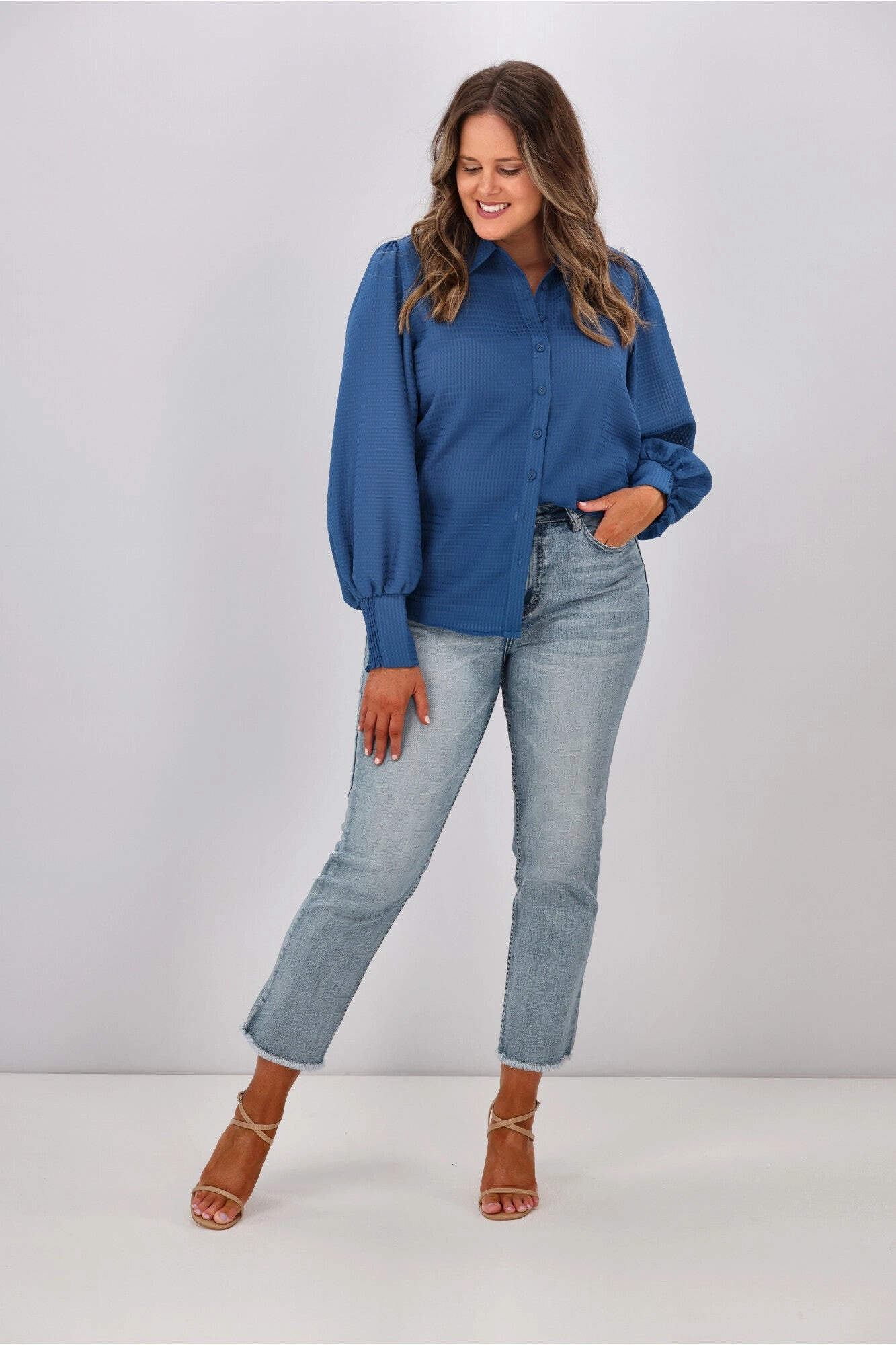 Gloss by Shine On Bibi Puff Sleeve Shirt Blue