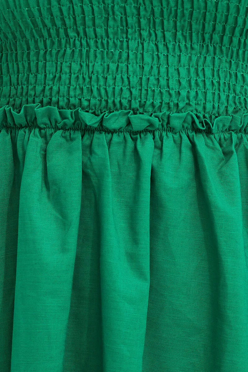 Green Puff Sleeve Linen Shirred Skater Dress