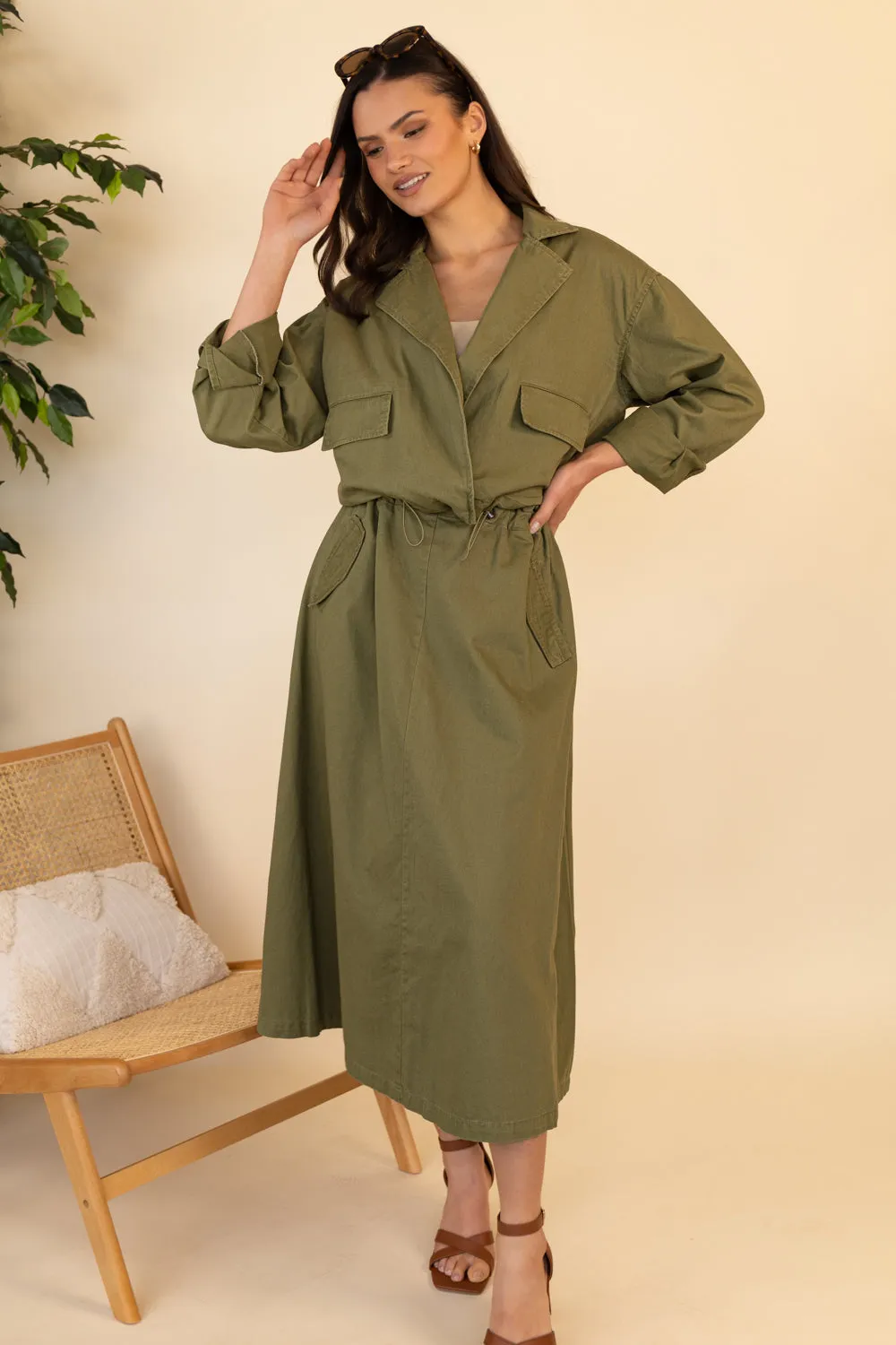 Pamala Long Olive Green Utility Skirt