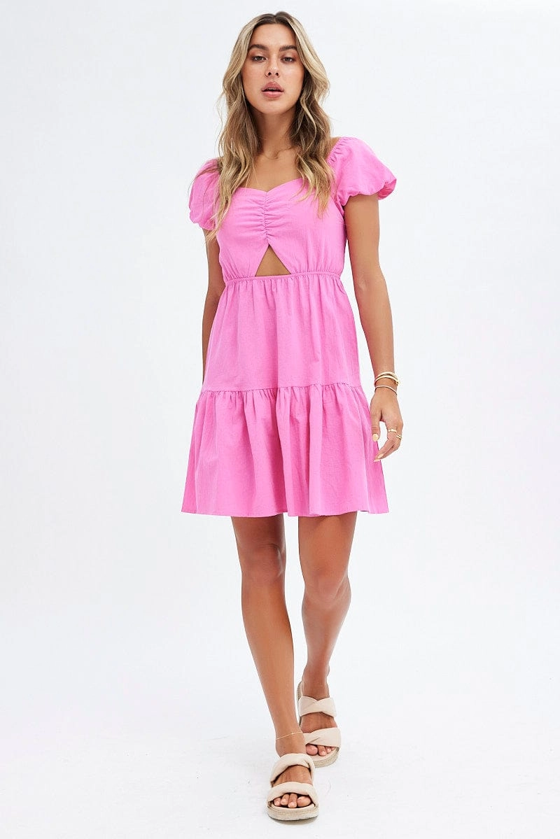 Pink Puff Sleeve Cut Out Skater Dress