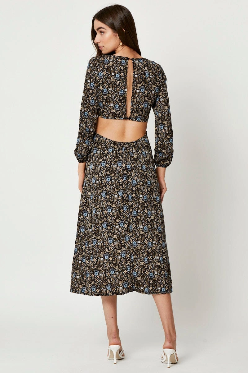 Print Long Sleeve Cut Out Dress