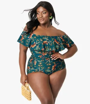 Unique Vintage Plus Size Green Tiger Print Monroe Swim Bottom