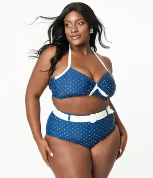 Unique Vintage Plus Size Navy & White Pin Dot Belted Swim Bottoms