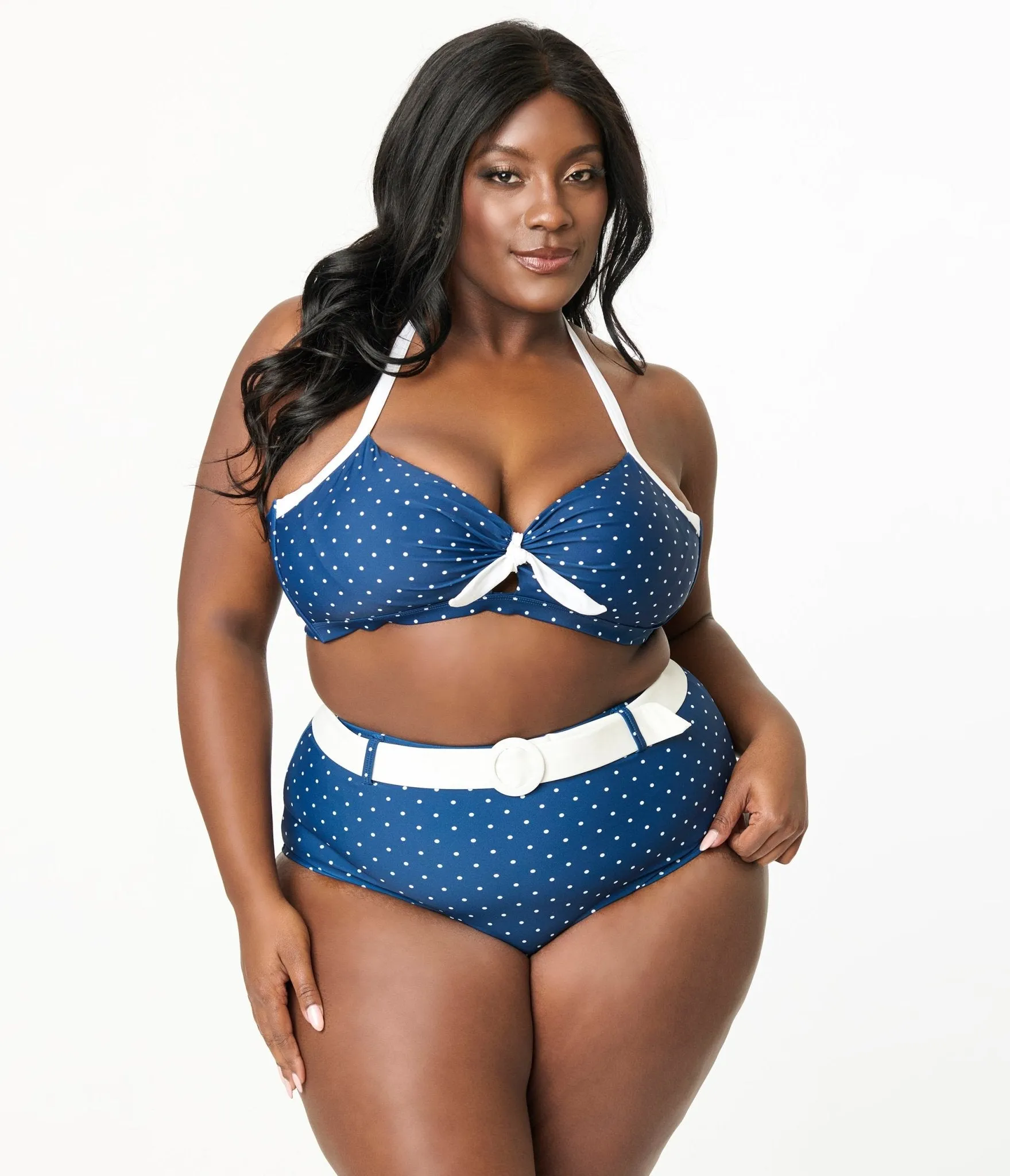Unique Vintage Plus Size Navy & White Pin Dot Belted Swim Bottoms