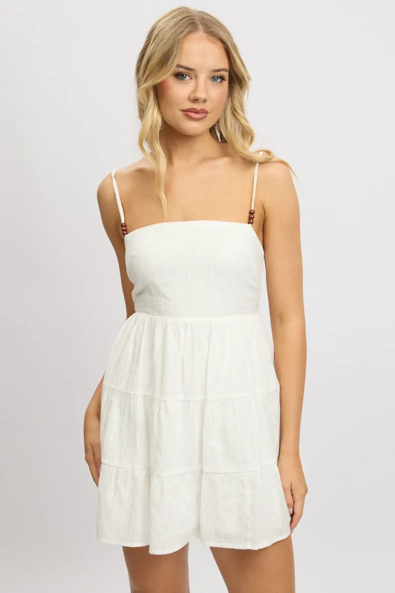 White Fit And Flare Dress Bead Embellishment  Mini