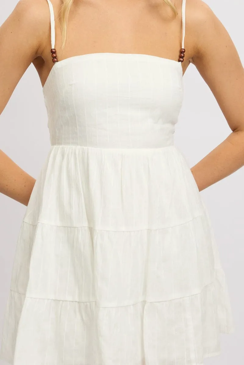 White Fit And Flare Dress Bead Embellishment  Mini