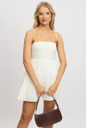 White Fit And Flare Dress Bead Embellishment  Mini
