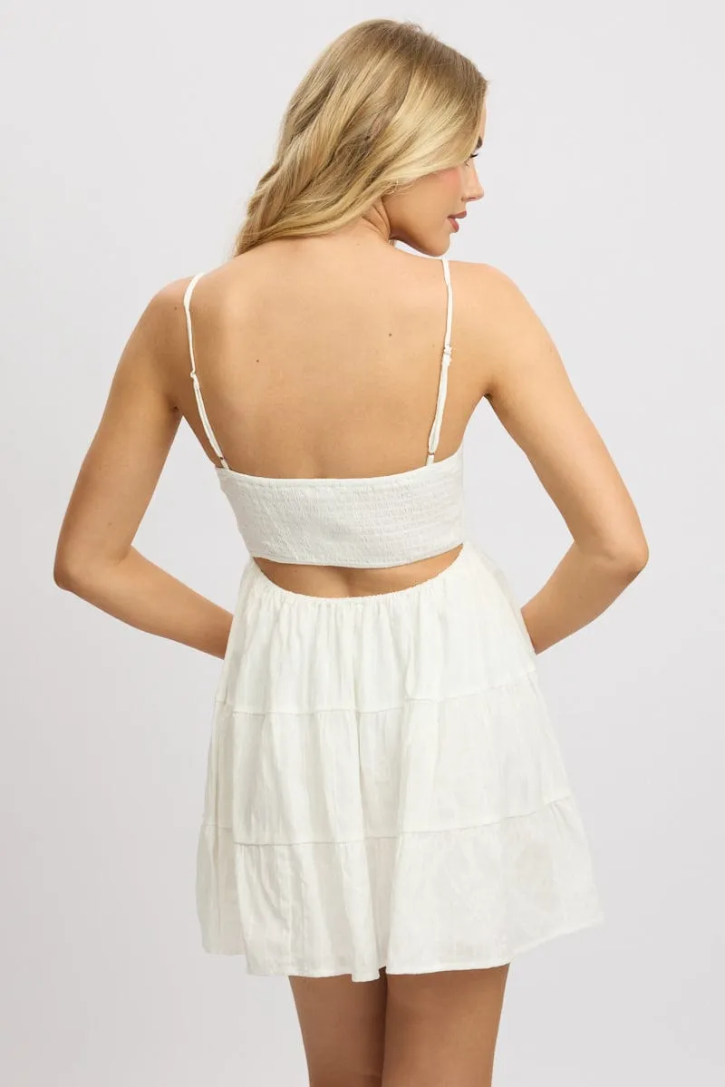 White Fit And Flare Dress Bead Embellishment  Mini