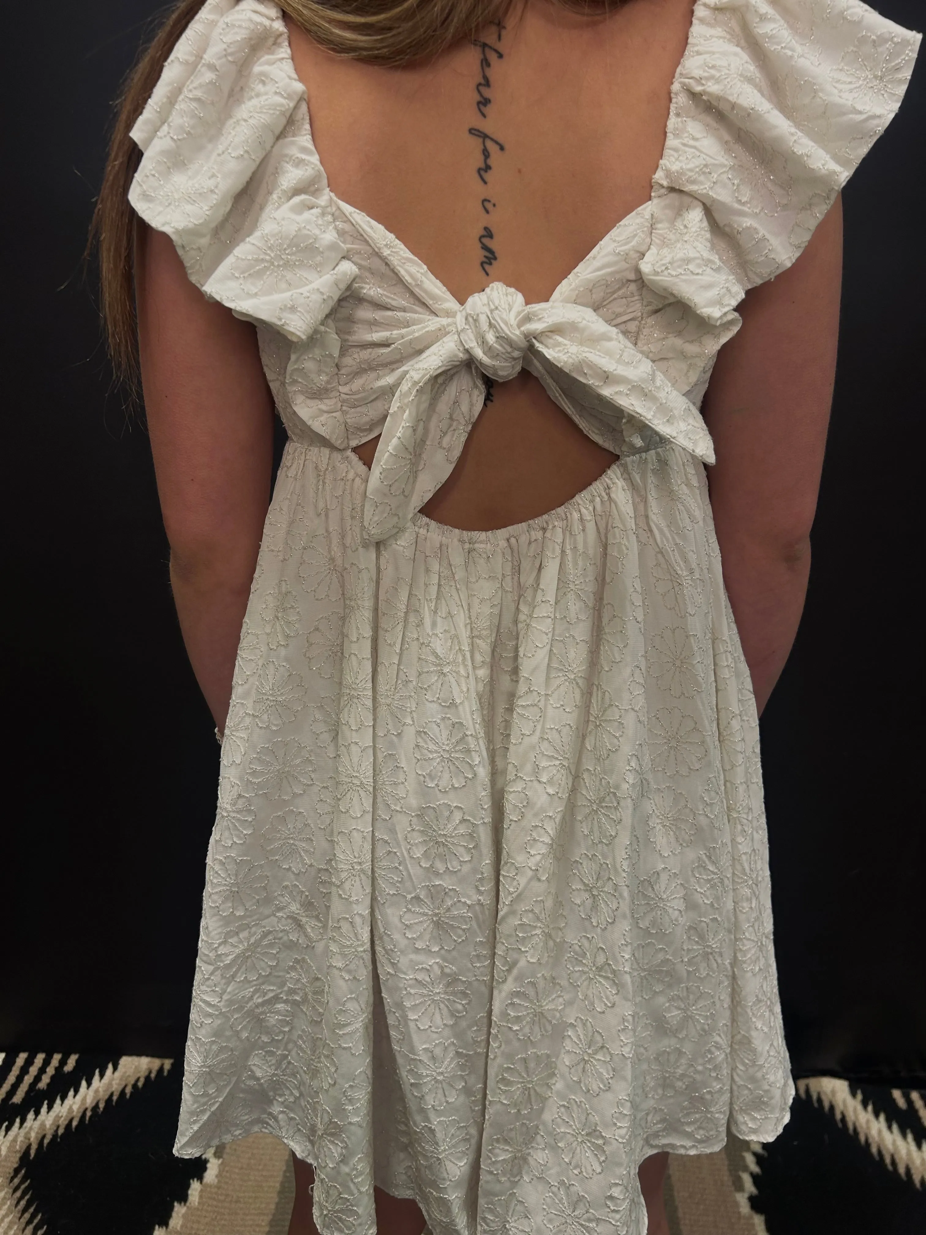 White Floral Ruffle Tie Back Dress