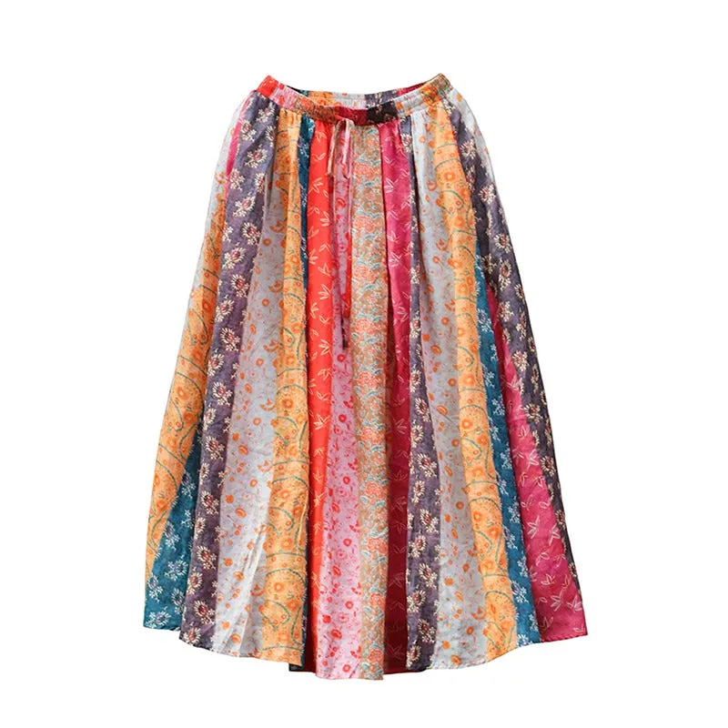 Women Spring Ethnic Style Ramie Patchwork A-Line Skirt