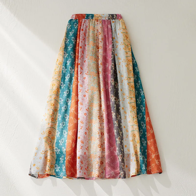 Women Spring Ethnic Style Ramie Patchwork A-Line Skirt