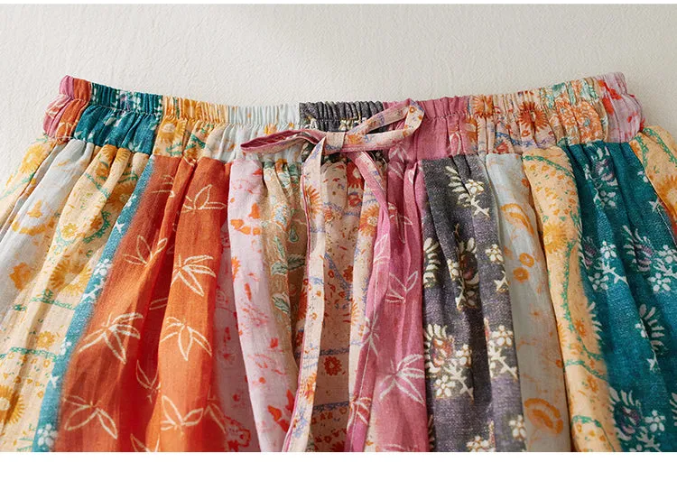Women Spring Ethnic Style Ramie Patchwork A-Line Skirt