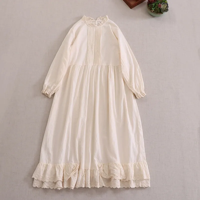 Women Spring Retro Cotton Ruffle Collar Loose Long-Sleeve Dress