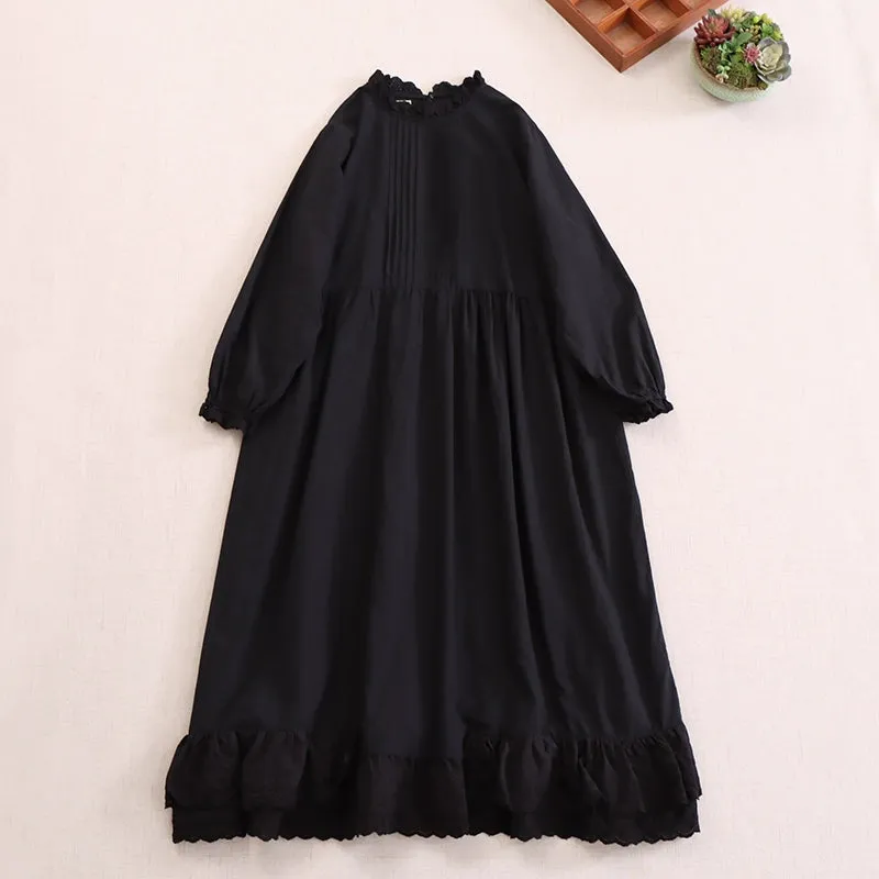 Women Spring Retro Cotton Ruffle Collar Loose Long-Sleeve Dress