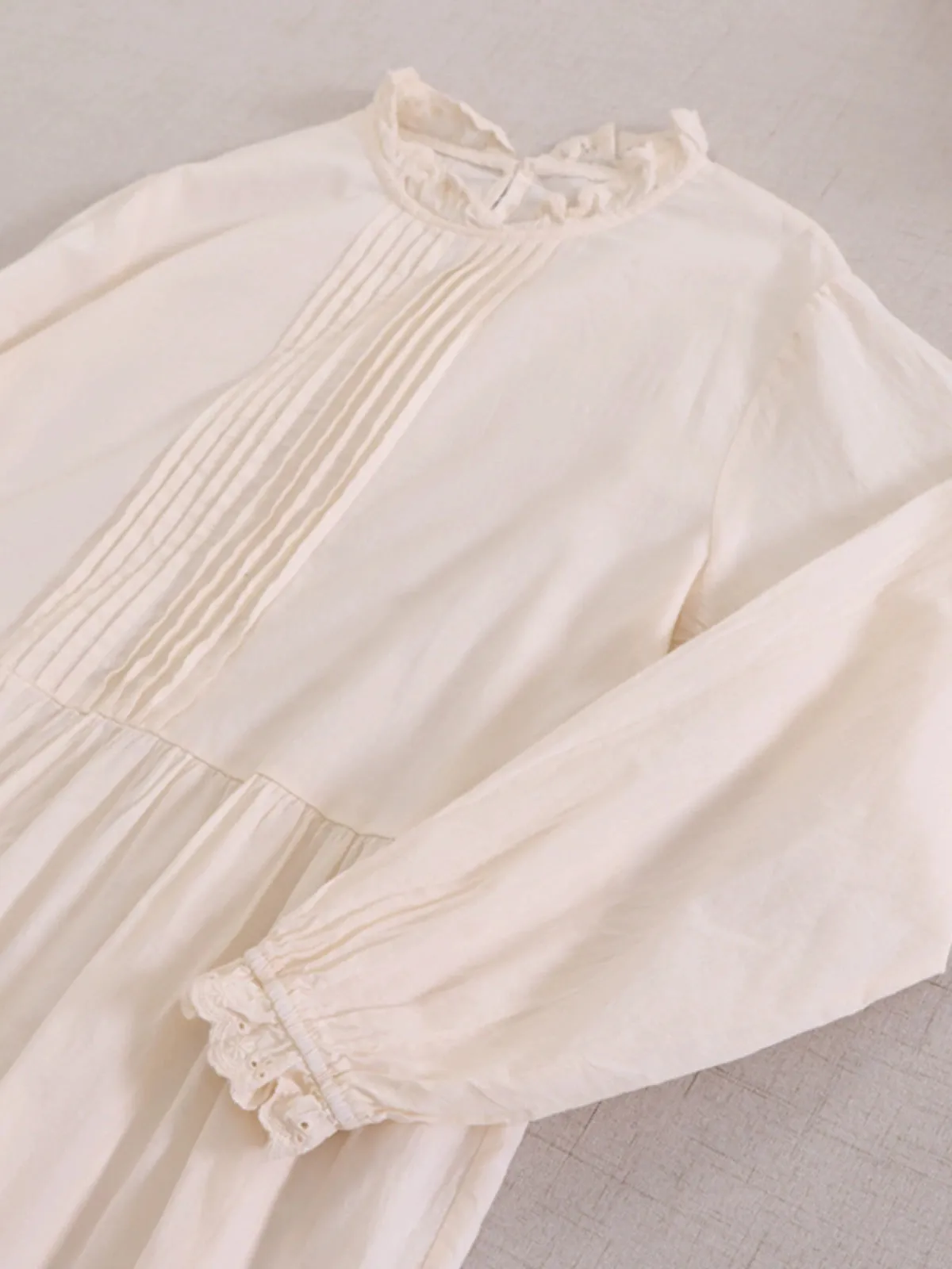 Women Spring Retro Cotton Ruffle Collar Loose Long-Sleeve Dress
