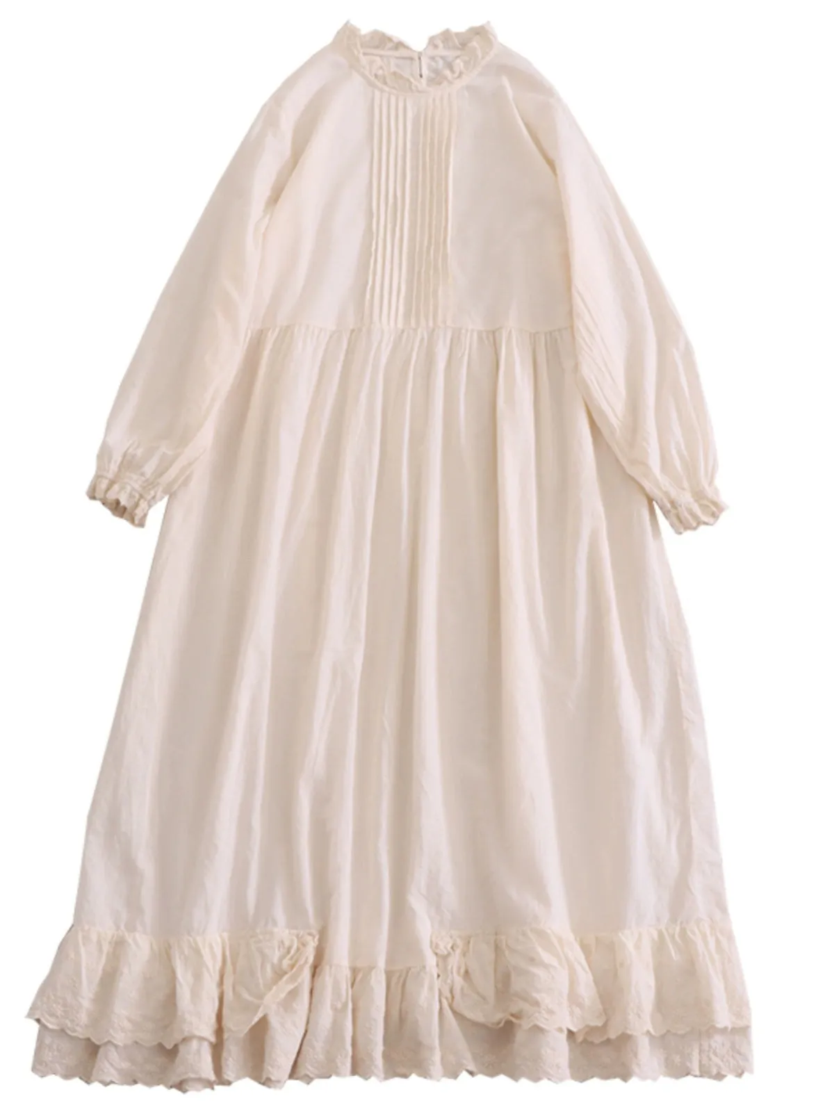 Women Spring Retro Cotton Ruffle Collar Loose Long-Sleeve Dress